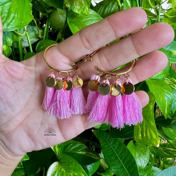 Pink Tassel Hoop Earrings | Gold Plated Stainless Steel | - Picture 4 of 4